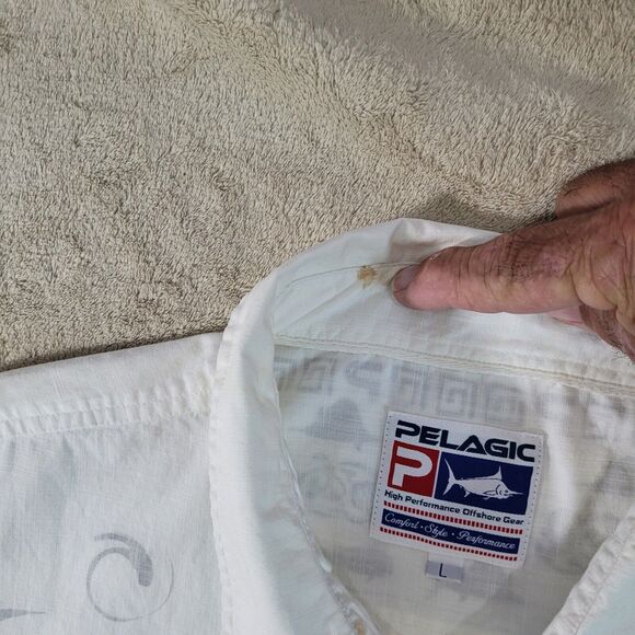 Pelagic High PerformanceFish Print Hawaiian‎ Fishing & Golf Shirt Sz Large FLAWS - Picture 6 of 12